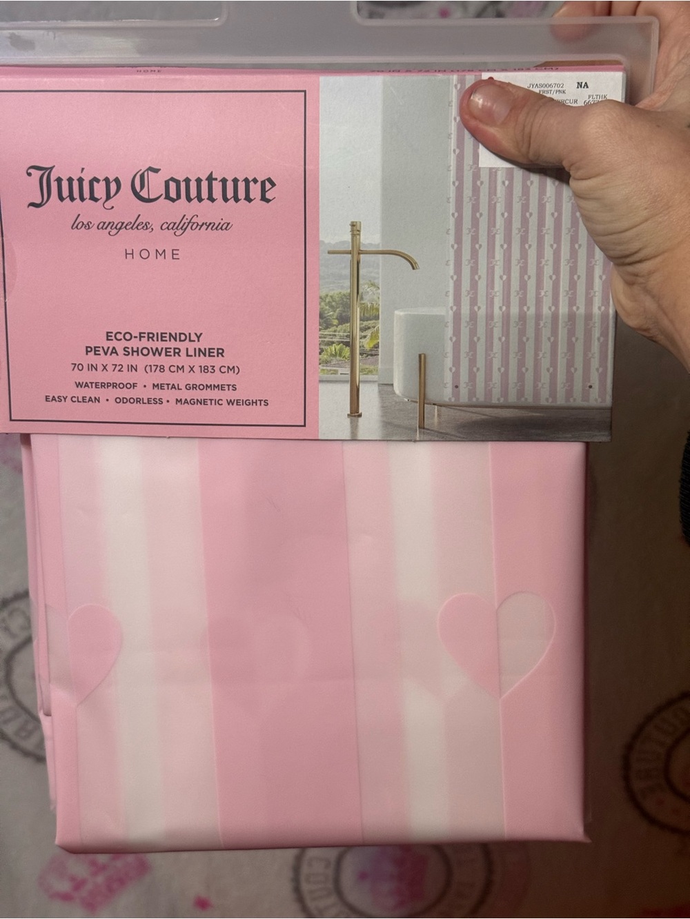 Juicy Couture Pink and White Heart Stripe Shower Liner